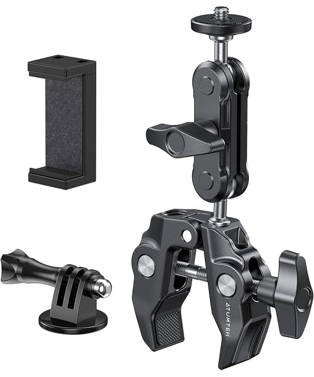 ATUMTEK Super Camera Clamp Mount with 1/4" and 3/8" Threads, Dual Ballhead Magic Arm 360° Ball Head Grip, Phone/Action Camera Mount Adapter for Canon Nikon DSLR Camera, GoPro/Insta360/INSTAX/DJI