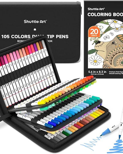 Shuttle Art Dual Tip Brush Marker Pens, 105 Colors Fine and Brush Tip Markers Set in Portable Case with 1 Coloring Book for Kids, Water-based Ink Adult Artist Coloring Calligraphy Journal Doodling