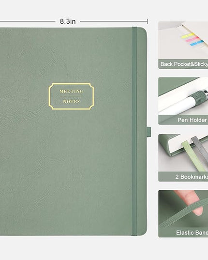 EMSHOI Meeting Notebook for Work with Sticky Tabs - 240 Pages, A4 Size Project Planner, PU Leather Meeting Agenda/Minutes Organizer for Women Men, Note Taking, Office & Business, 8.3"x11.7", Green