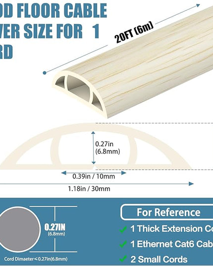 Floor Cord Covers for Wires 20FT Cable Hider Wire Cover Self Adhesive Cord Hider Floor for Offices, Homes, Workshops, Warehouses Cable Cavity 0.39" W x 0.27" H
