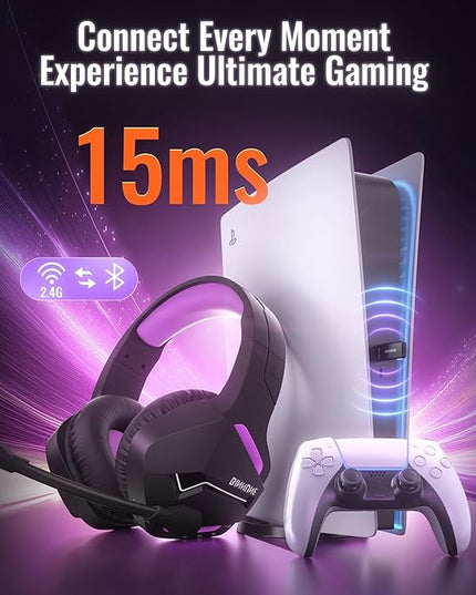 BINNUNE 2.4GHz Wireless Gaming Headset, Bluetooth 5.3 Gaming Headphones with Noise Canceling Mic, 120H Ultra-Long Battery, 50mm Drivers, Multi-Platform for PC / PS5 /PS4/ Switch/Mobile, Purple