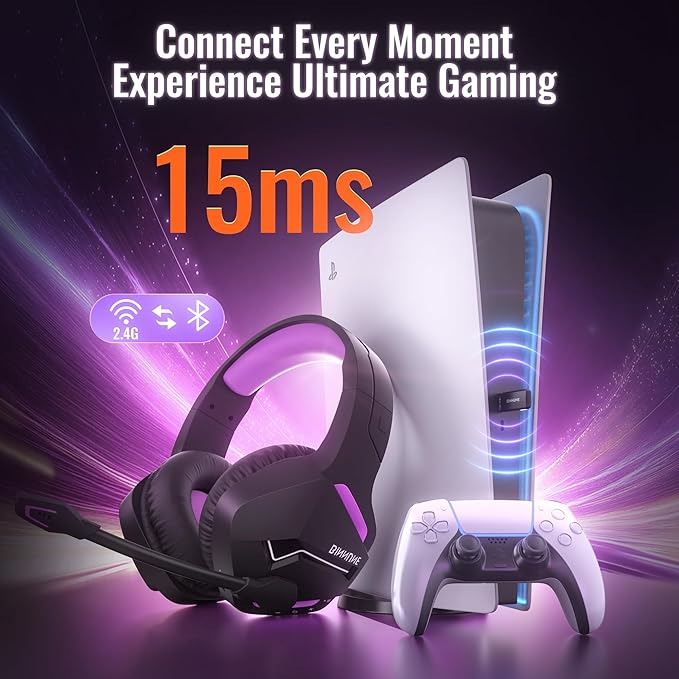 BINNUNE 2.4GHz Wireless Gaming Headset, Bluetooth 5.3 Gaming Headphones with Noise Canceling Mic, 120H Ultra-Long Battery, 50mm Drivers, Multi-Platform for PC / PS5 /PS4/ Switch/Mobile, Purple