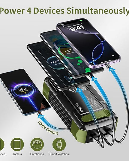 Solar Charger Power Bank 73200mAh, Portable Laptop Charger with 100W USB-C in/Output, Built-in Cables, Hand Crank Power Bank for Mobile Phones, Ideal for Outdoor Use with SOS/Strobe/Strong (green)