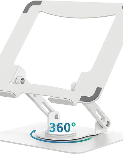 SOUNDANCE Laptop Stand with 360° Rotating Base, Ergonomic Computer Riser for Desk, Adjutable Height Muti-Angle, Foldable Laptop Mount, Stable Metal Holder Support 10-15.6" Notebook PC, White