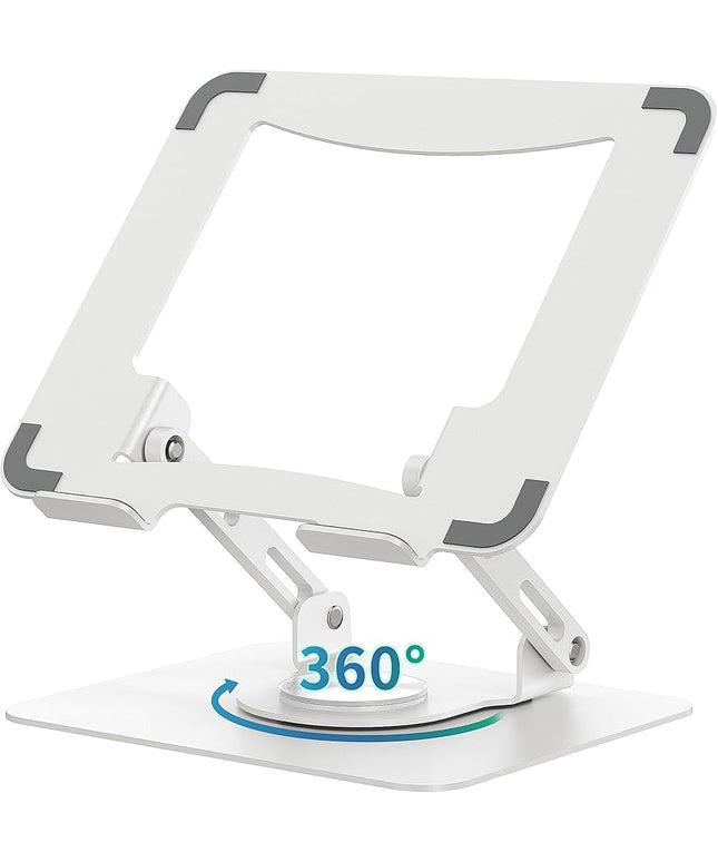 SOUNDANCE Laptop Stand with 360° Rotating Base, Ergonomic Computer Riser for Desk, Adjutable Height Muti-Angle, Foldable Laptop Mount, Stable Metal Holder Support 10-15.6" Notebook PC, White