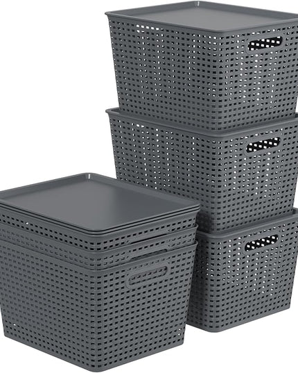 6 Packs Large Plastic Storage Basket Bin with Lid, Tall Stackable Lidded Organizer Baskets for Desktops, Closets, Shelves, Gray