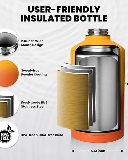 One Gallon Water Bottle Insulated, Triple Walled Vacuum Stainless Steel (Cold for 48 Hrs), Leak Proof & Non-BPA, Large Water Flask Jug with Paracord Handle & Straw Spout Lids