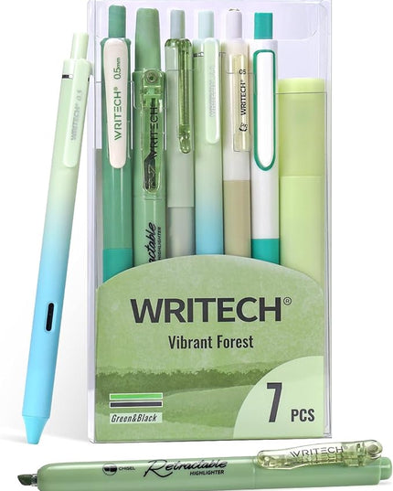 WRITECH Gel Pens Journaling Highlighters: Journal Set Aesthetic Assorted Pastel Color Ink 0.5mm Fine Point Retractable 0.7mm Black Pen Smooth Writing Drawing No Bleed 7ct (Green)