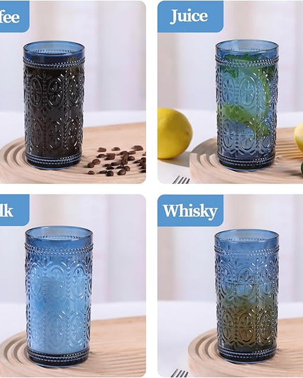 Blue Drinking Highball Beverage Glass Cup, Vintage Drinking Glasses, Colored Glassware Set for Party Wedding, Home, Office, Water, Juice, Cocktail, Highball Glasses Set of 4