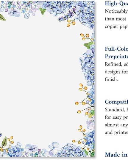 Current Hydrangeas Floral Letter Paper - Spring Stationery Papers With Decorative Hydrangeas Border, Printable Holiday, Wedding & Bridal Shower, & Invitation Sheets, Set of 25, 8 1/2" x 11"