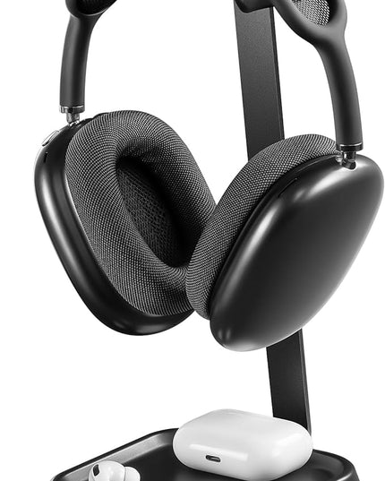 QinCoon Headphone Stand, Curved Headset Stand with Storage Tray, Gaming Headset Holder for AirPods Max, AirPods Max 2, AirPods, AirPods Pro, Beats, Bose, Sony and More (Black)