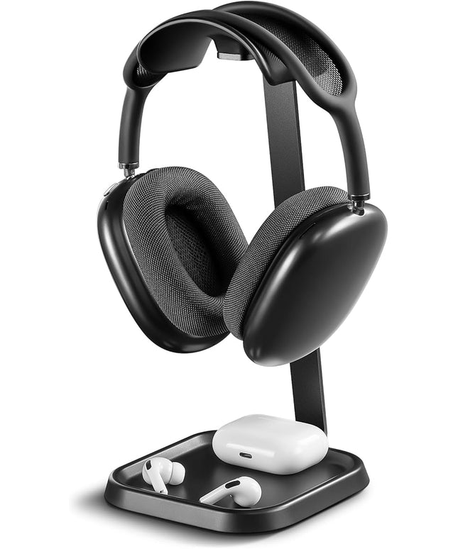 QinCoon Headphone Stand, Curved Headset Stand with Storage Tray, Gaming Headset Holder for AirPods Max, AirPods Max 2, AirPods, AirPods Pro, Beats, Bose, Sony and More (Black)