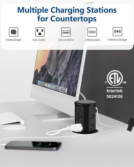 Jgstkcity Pop up Outlet for Countertop,65W USB C Fast Charging,15W Wireless Charger,13-in-1 Kitchen Island Electrical Power Station,4 USB,8 Outlets,15A Surge Protector,3.15'' Hole,ETL Listed,Black