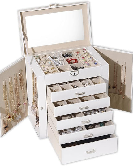 BOOVO Jewelry Box For women, 6 Layer Large Jewelry Organizer With Mirror, Multi-Function Storage Box With Lock, Accessory Holder With 5 Drawers, For Earrings Necklace Ring Bracelet (White)