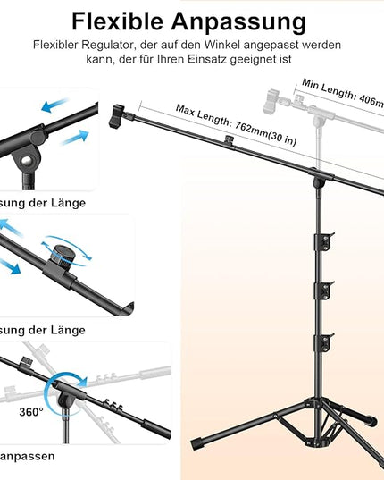 Microphone Stand, Tripod Boom Arm Floor Mic Stand Height Adjustable Heavy Duty with Carrying Bag 2 Mic Clips 3/8" to 5/8" Adapter for Singing Podcast for Blue Yeti Shure SM58 SM48 Samson Q2U