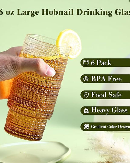 6pcs Hobnail Drinking Glasses Set, 16 oz Vintage Glassware Drinking Glasses, Gradual Amber Water Glasses Tumbler, Thanksgiving Cups for Kitchen, Juice, Beer, Cocktail, Whiskey