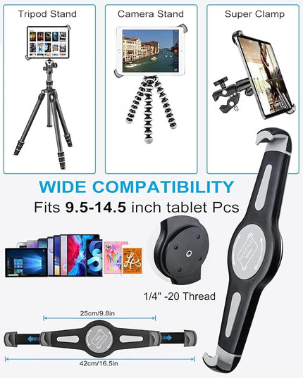 woleyi Large Tablet Mount Holder with 1/4" Screw Thread for Spin Bike, Treadmill, Microphone Stand, Tripod Adapter, Exercise Bicycle, Handlebar, for iPad Pro 13 Air & 9.5-14.5" Tablet, Gopro, Camera