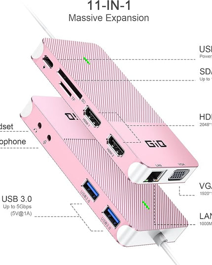 USB Docking Station GIQ USB C HUB USB 3.0 to Dual HDMI VGA Adapter Triple Display USB C Laptop Docking Station Dual Monitor HDMI Splitter Extender Compatible with MacBook M1 M2 USB Dock-Rose Gold