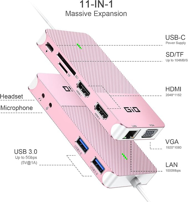 USB Docking Station GIQ USB C HUB USB 3.0 to Dual HDMI VGA Adapter Triple Display USB C Laptop Docking Station Dual Monitor HDMI Splitter Extender Compatible with MacBook M1 M2 USB Dock-Rose Gold