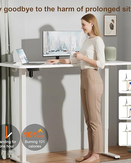 Veken 55 Inch Large Electric Standing Desk,Sit to Stand Up, Heights Adjustable, Work Home Office Computer Table for Study, Walking Pad, Writing, and Games, Wooden Desktop Desks, White