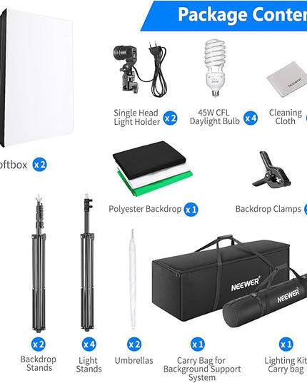 NEEWER Photography Continuous Lighting Kit with Backdrops, 8.5x10ft Stands, 5700K 800W Equivalent 24W LED Bulbs Umbrellas Softboxes Cleaning Cloth, Photo Studio Light Kit for Video Recording Streaming
