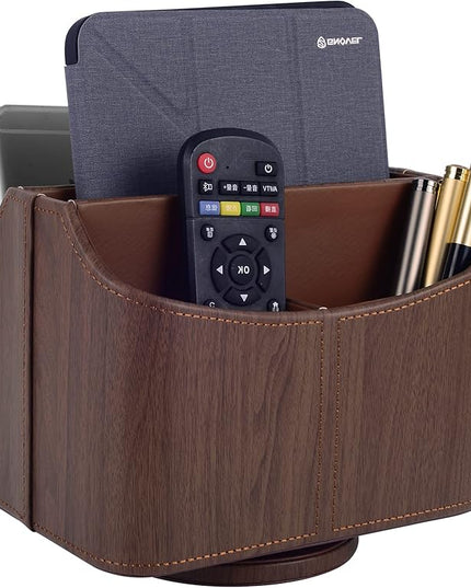 RHCSZ Brown 360 Degree Swiveling TV Remote Control Holder/Caddy, Leather Desk Organizer for Office and Home Furniture Decoration Storage Box(Dark wood grain)