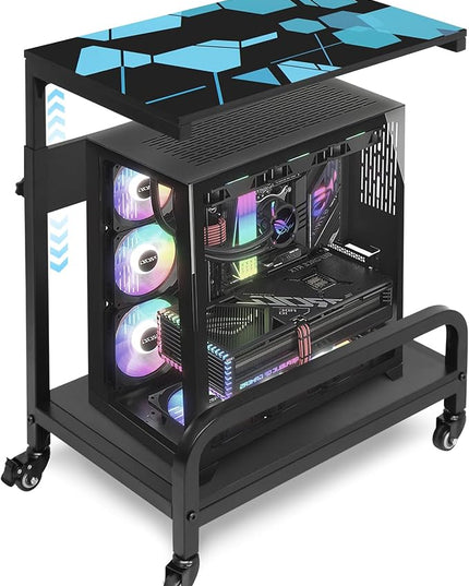 Adjustable Computer Tower Stand Large with Guardrail, 2 Tier Gaming PC Tower Stand for ATX, E-ATX, ITX, Rolling Floor Cart with Locking Metal Wheels, 32.7" X 21.6" X 15.8"