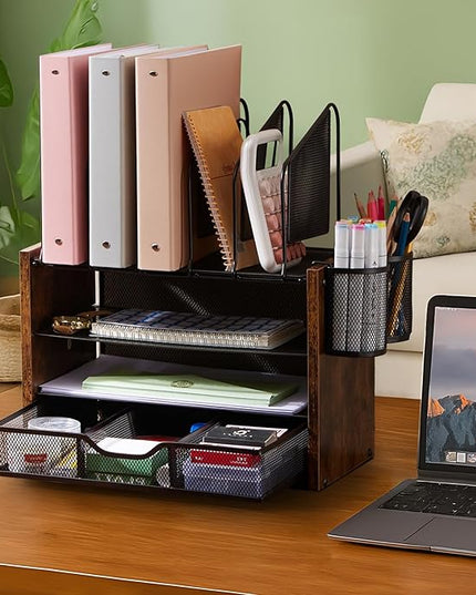 Y YOMA Wooden Desk Organizer, 4-Tier Mesh Desk Organizer with Drawer, Paper Tray & 5 Vertical File Holders, 2 Pen Holders, Desktop Organizer and Accessories for Home Office Dorm