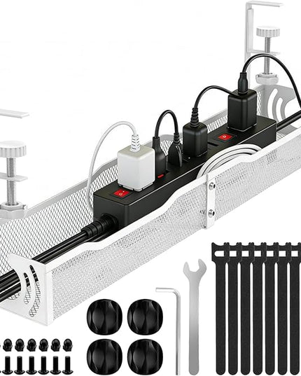 Cable Management, 25.3'' Under Desk Cable Management Tray No Drill, Metal Cable Organizer with Clamp for Wire Management, Cord Organizer for Home Office, Desk Accessories Organizer, White