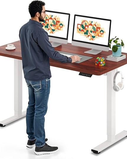 SANODESK Electric Standing Desk 55 x 28 Inches Whole-Piece Desktop Height Adjustable Stand Up Desk w/6-Button Controller Ergonomic Computer Desk for Home Office, White Frame + Mahogany Tabletop