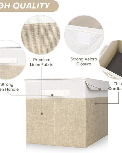 Large 22 Quart Linen Fabric Foldable Storage Bin Cube Organizer Basket with Flip-Top Lid & Handles, Clothes Blanket Box for Home, Office, Closet, Beige & White, 4 Pack 14.6 x 9.5 x 9.5”
