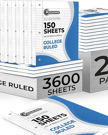 Rosmonde Bulk Loose Leaf Paper, 3600 Sheets, College Ruled, Bulk Filler Paper for Office, 8 x 10.5", 3 Hole Punched, 56 Gsm Thick Sheets, 24 Pack, 150 Sheets/Pack, Bulk Notebook Sheet for School