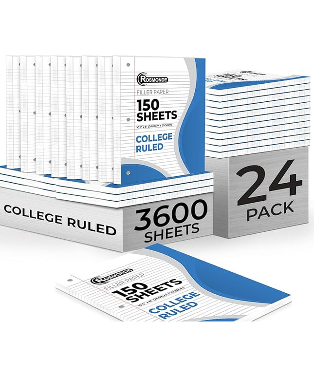 Rosmonde Bulk Loose Leaf Paper, 3600 Sheets, College Ruled, Bulk Filler Paper for Office, 8 x 10.5", 3 Hole Punched, 56 Gsm Thick Sheets, 24 Pack, 150 Sheets/Pack, Bulk Notebook Sheet for School