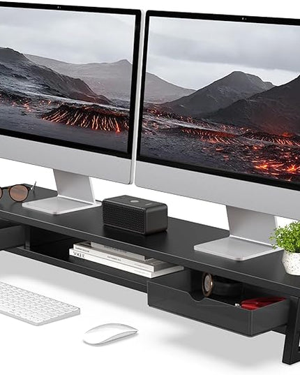 Fenge Dual Monitor Stand, Monitor Riser with Drawer, 42.5 Inch Large Computer Monitor Stand for 2 Monitors, 2 Tier Wooden Desk Shelf for Top of Desk