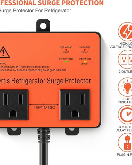 Refrigerator Surge Protector, Ortis Double Outlet Voltage Protector for Home Appliances with Time Delay, Protects Against Brownout, Spike, Instant Surge All Voltage Abnormalities, Orange