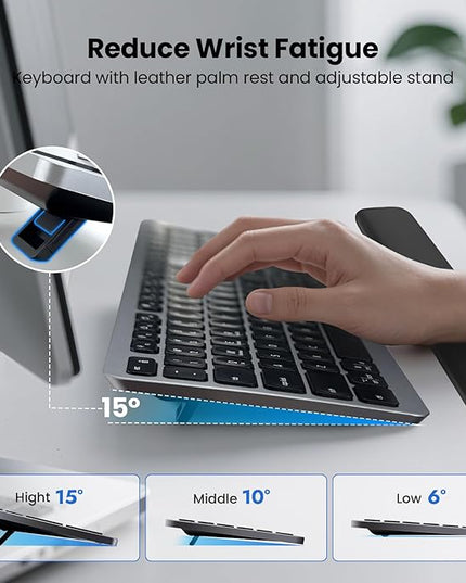 Wireless Keyboard, Bluetooth Keyboard with Leather Palm Rest, Backlighting, Multi-Device Pairing, USB C Rechargeable, for Windows, Mac, iOS, Android, Chrome, Office, Students, Long Hours Typing