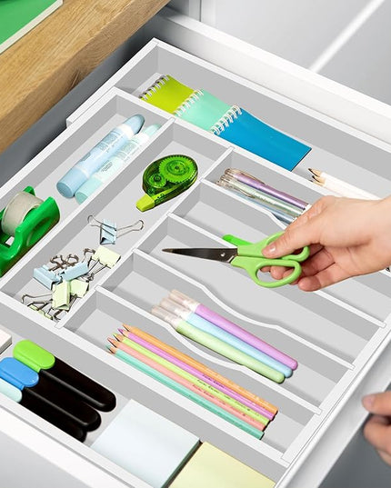 ROYAL CRAFT WOOD Luxury Bamboo Kitchen Drawer Organizer - Silverware Organizer - Utensil Holder and Cutlery Tray with Grooved Drawer Dividers for Flatware and Kitchen Utensils (9 Slot, White)