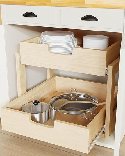 Pull Out Cabinet Organizer, 26''W×21''D×16''H Soft Close Slide Out Wooden Pull out Drawers, Double Tier Slide out Wood Cabinet Organizer, for Base Cabinet Organization in Kitchen, Pantry, Bathroom