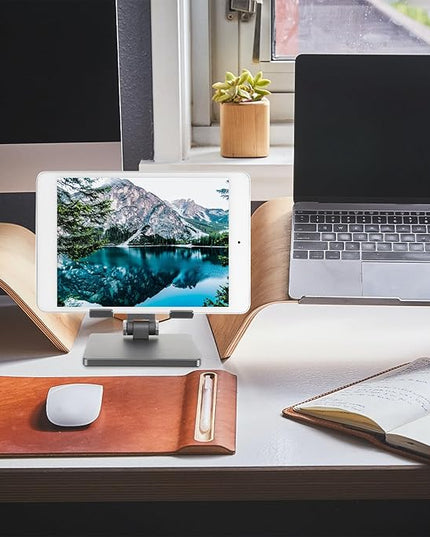 MERRYHAPY Adjustable Foldable Tablet Stand for Desk Metal Tablet Holder Organizer Compatible with Ipad and Multi-Angle Desktop Bracket in Space Gray for Office and Home Use