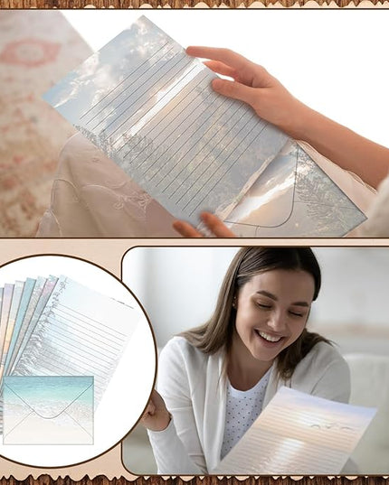 TaoBary 160 Pcs Stationery Paper Set 50 Double Sided Stationery Papers with 50 Matching Envelopes and 60 Round Dot Sticker, 10 Design(Scenic Nature,5.5 x 8.25 Inch)