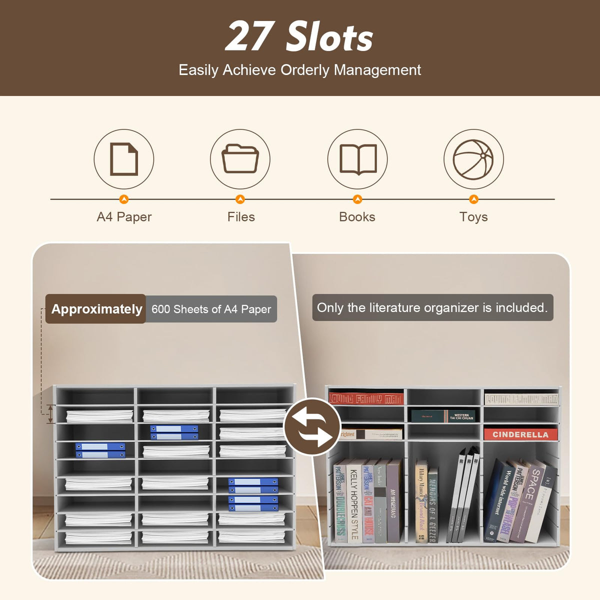 MhdunueSK Literature Organizers, 27 Compartments Office Mailbox with Adjustable Shelves, 9 Layer Mail Organizer for Home School Offices, Wood Literature Sorter 32x12x22 for Office(White, 27 Slots)