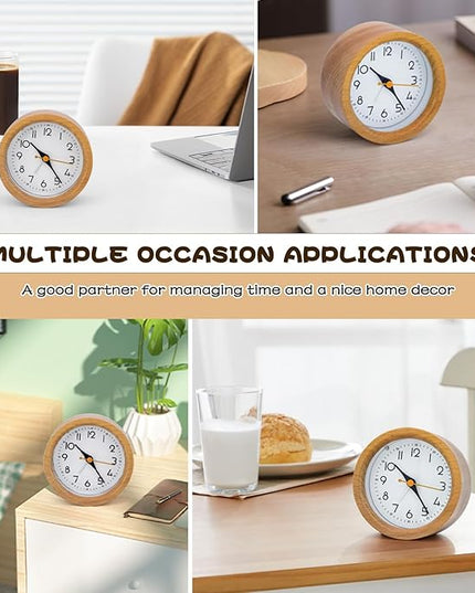 Oxmidud 4'' Natural Wooden Analog Alarm Clock with Soft Night Light - Battery Operated Non-Ticking Silent Tabletop Minimalist Desk & Bedside Clock for Bedrooms Living Room Home Office Decor