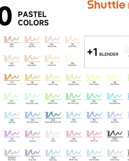 Shuttle Art Pastel Alcohol Markers Brush tip, Dual Tip Brush & Fine Tip Art Marker Set, 50 Colors plus 1 Blender Marker Pens with Case Perfect for Illustration Kids Students Adults Coloring Sketching