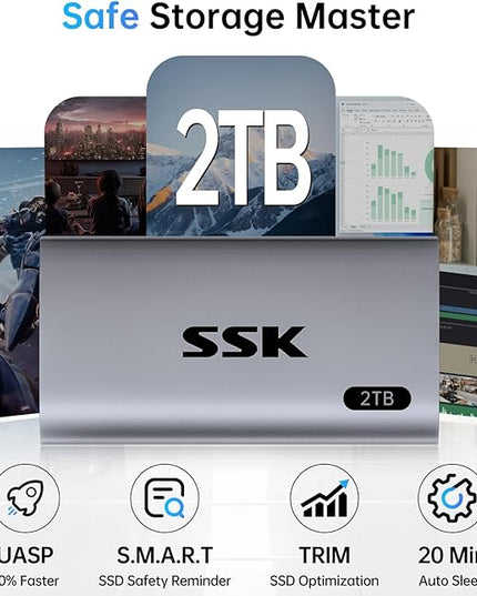 SSK 2TB SSD External Hard Drive, Portable SSD Up to 550MB/s Fast Solid State Drives, External Drive USB 3.2 Gen2 SSD for iPhone 15/Pro, Windows, Mac, Android with LED Light, Trim, Smart Supported