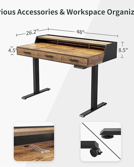 FEZIBO Standing Desk Adjustable Height with Drawers, 48 x 24 Inches Stand Up Desk Electric Memory Computer Desk, Black Frame/Rustic Brown Top