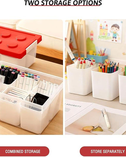 loobuu Plastic Storage Bins with Lids, Art Craft Supply Organizer Box with Brush Pot, Multipurpose Stackable Storage Containers for Organizing Tool, Craft, Crayon,Sewing (Red)