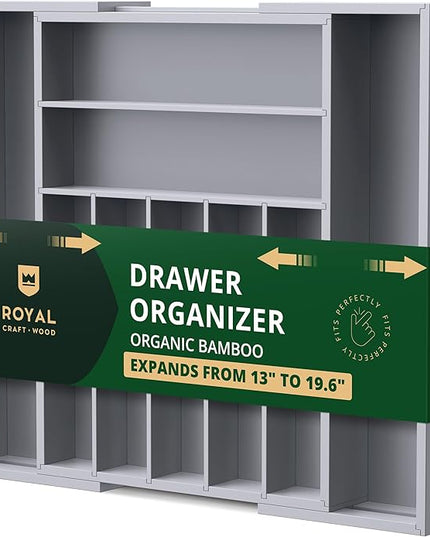 ROYAL CRAFT WOOD Luxury Bamboo Kitchen Drawer Organizer - Silverware Organizer - Utensil Holder and Cutlery Tray with Grooved Drawer Dividers for Flatware and Kitchen Utensils (9 Slot, Gray)