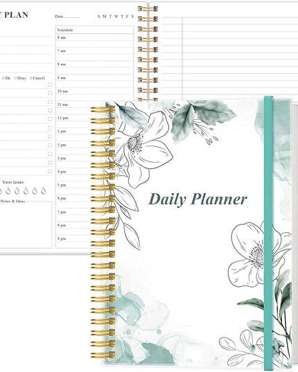 Daily Planner Undated - B5 To Do List Notebook Hourly Schedules, Spiral Appointment Planner for Women and Men, PVC Hardcover, Inner Pocket, Elastic Closure, 7" x 10", Teal Flowers