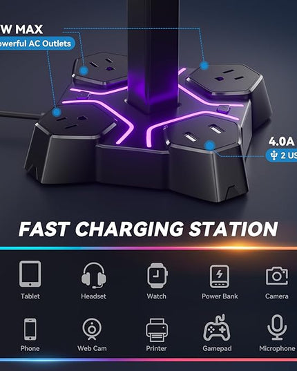 KDD Headphone Stand with USB Charger, Controller Stand for Desk, Headphone Holder with 2 USB Charging Ports and 3 AC Outlets, Accessories for Desktop(Black)