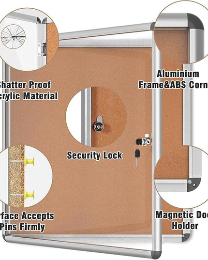 Mifuro 28"x26" Enclosed Bulletin Board, Lockable Weather-Resistant Aluminum Cork Noticeboard for School & Office, Silver Frame w/Cork